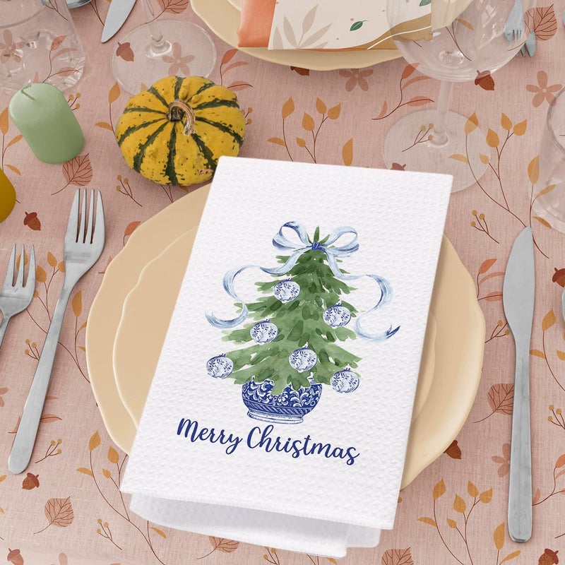 SPBL&L Navy Blue Chinoiserie Christmas Kitchen Towels, Chinoiserie Decor, Navy Blue Bow Christmas Hand Towels for Bathroom, Christmas Dish Towels, Christmas Kitchen Bathroom Decor, 16x24 Inch - Image 4